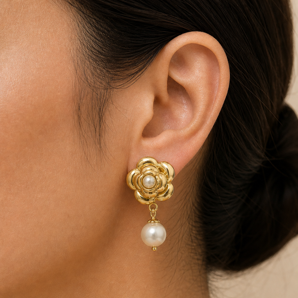 Golden Rose Pearl Drop Earrings