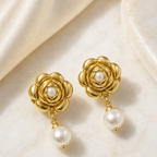 Golden Rose Pearl Drop Earrings