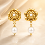 Golden Rose Pearl Drop Earrings