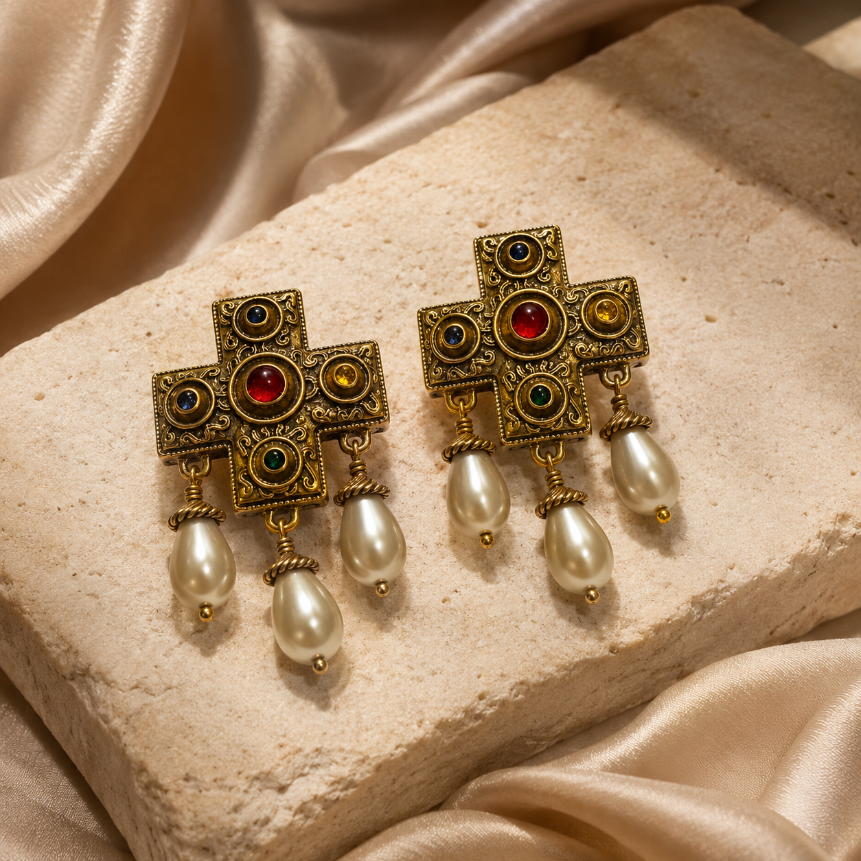 Regalia Cross Pearl Earrings