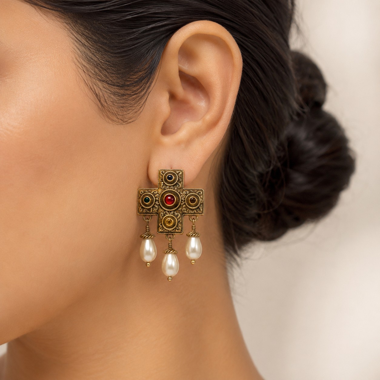 Regalia Cross Pearl Earrings
